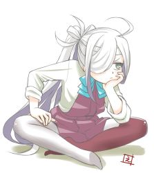 Rule 34 | 1girl, ahoge, asashimo (kancolle), blush, commentary request, ebifly, frown, full body, grey eyes, grey jacket, hair over one eye, headband, indian style, jacket, kantai collection, long hair, long sleeves, no shoes, one eye covered, pantyhose, purple skirt, purple vest, signature, sitting, skirt, solo, very long hair, vest, white hair