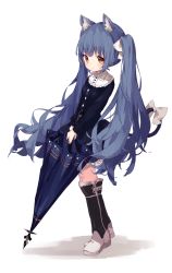 Rule 34 | 1girl, absurdres, animal ear fluff, animal ears, black dress, black footwear, blue hair, blue umbrella, blush, boots, bow, brown eyes, cat ears, cat girl, cat tail, closed mouth, commentary request, dress, frilled dress, frills, fujii shino, full body, hair bow, highres, holding, holding umbrella, knee boots, long hair, long sleeves, original, shadow, sidelocks, solo, standing, tail, tail bow, tail ornament, twintails, umbrella, very long hair, white background, white bow