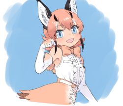 Rule 34 | 1girl, :d, animal ear fluff, animal ears, armpits, bare shoulders, belt, blue background, blue eyes, blush, border, bow, bowtie, breast pocket, breasts, caracal (kemono friends), center frills, commentary request, elbow gloves, eyes visible through hair, flipped hair, frills, from side, gloves, hand up, kemono friends, looking at viewer, multicolored hair, open mouth, orange bow, orange bowtie, orange gloves, orange skirt, paw pose, pine (pine-box), pocket, shirt, shirt tucked in, sidelocks, simple background, skirt, sleeveless, smile, solo, streaked hair, traditional bowtie, two-tone gloves, upper body, white belt, white border, white gloves, white shirt