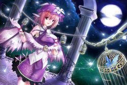 Rule 34 | 1girl, adapted costume, alternate costume, animal ears, bird, blush, breasts, brooch, cage, chain, cloud, column, floral print, flower, full moon, gloves, hat, highres, jewelry, large breasts, moon, mystia lorelei, night, night sky, open mouth, pillar, pink hair, red eyes, shawl, short hair, silversirius, skirt, sky, smile, touhou, white gloves, wings