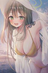 Rule 34 | 1girl, :d, arm behind head, arm up, armpits, bare shoulders, bikini, blonde hair, blue archive, blush, breasts, cleavage, cloud, cloudy sky, cowboy shot, dot nose, evening, front-tie top, green eyes, halo, halterneck, hat, highres, kuro futoshi, large breasts, leaning forward, long hair, looking at viewer, navel, nonomi (blue archive), nonomi (swimsuit) (blue archive), ocean, open mouth, outdoors, see-through, see-through shirt, shirt, sidelocks, sky, smile, solo, stomach, swimsuit, thighs, white hat, white shirt, yellow bikini