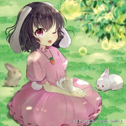 Rule 34 | album cover, animal ears, black hair, carrot necklace, check commentary, commentary, commentary request, cover, dress, floppy ears, frilled sleeves, frills, grass, hachipuyo, inaba mob (touhou), inaba tewi, jewelry, naughty face, necklace, official art, one eye closed, petting, pink dress, puffy short sleeves, puffy sleeves, rabbit, rabbit ears, rabbit girl, rabbit tail, red eyes, ribbon-trimmed dress, short hair, short sleeves, sitting, sunlight, tail, tongue, tongue out, touhou, touhou cannonball, tree, wavy hair