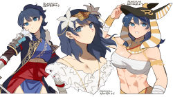 Rule 34 | 3girls, alternate costume, armor, bandages, bandeau, bare shoulders, blue eyes, blue hair, blue kimono, breasts, byleth (female) (fire emblem), byleth (fire emblem), chest sarashi, chocojax, cleavage, commentary request, egyptian clothes, fire emblem, flower, grin, hair between eyes, hair flower, hair ornament, head tilt, highres, japanese clothes, kimono, large breasts, long hair, looking at viewer, midriff, multiple girls, multiple persona, navel, nintendo, red sash, sarashi, sash, shoulder armor, simple background, smile, stomach, strapless, tube top, upper body, usekh collar, white background, white flower, wrist wrap