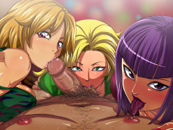 Rule 34 | 1boy, 3girls, annie (saga frontier), blonde hair, breasts, caressing testicles, censored, cooperative fellatio, cum, emelia (saga frontier), emilia (saga frontier), fellatio, fingerless gloves, gloves, green eyes, group sex, harem, hetero, kissing penis, licking, licking nipple, lipstick, liza (saga frontier), makeup, male nipple licking, multiple girls, nail polish, nipple stimulation, nipples, oral, penis, perspective, pointless censoring, pov, pubic hair, purple hair, raburebo, red eyes, saga, saga frontier, saliva, teamwork, testicle sucking, testicles, tongue