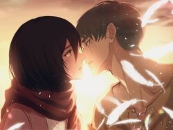 Rule 34 | 1boy, 1girl, black eyes, black hair, blurry, blurry background, brown hair, cardigan, collarbone, crying, eren yeager, feathers, green eyes, green shirt, hair between eyes, highres, imminent kiss, light particles, mikasa ackerman, open mouth, outdoors, pink cardigan, portrait, red scarf, scar, scar on face, scarf, shingeki no kyojin, shirt, sirius 0905hz, sky, yellow sky