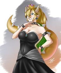 Rule 34 | 1girl, armlet, bare shoulders, black dress, blonde hair, blue eyes, bowsette, bracelet, breasts, brooch, cleavage, collar, commentary, cowboy shot, crown, dress, earrings, english commentary, hand on own hip, highres, horns, jewelry, large breasts, mario (series), new super mario bros. u deluxe, nintendo, ojou-sama pose, pointy ears, ponytail, razorxsketch, sharp teeth, sidelocks, solo, spiked armlet, spiked bracelet, spiked collar, spiked shell, spiked tail, spikes, strapless, strapless dress, super crown, tail, teeth, turtle shell