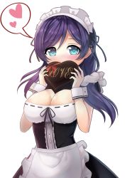 Rule 34 | 10s, 1girl, alternate costume, aqua eyes, blush, box, breasts, candy, chocolate, chocolate heart, cleavage, covering own mouth, enmaided, food, heart, heart-shaped box, large breasts, long hair, love live!, love live! school idol festival, love live! school idol project, maid, maid headdress, md5 mismatch, motokonut, purple hair, resolution mismatch, ribbon-trimmed clothes, ribbon trim, simple background, solo, source smaller, speech bubble, spoken heart, tojo nozomi, valentine, white background, wrist cuffs
