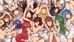 Rule 34 | 6+girls, alternate costume, black hair, blonde hair, blue eyes, blue hair, blush, brown eyes, brown hair, camisole, commentary request, crescent, crescent hair ornament, closed eyes, from behind, fumizuki (kancolle), glasses, green eyes, green hair, hair ornament, highres, kantai collection, kikuzuki (kancolle), kisaragi (kancolle), long hair, looking at viewer, lying, mikazuki (kancolle), minazuki (kancolle), mochizuki (kancolle), multiple girls, mutsuki (kancolle), nagatsuki (kancolle), natsu narumi, on back, on side, open clothes, petals, purple hair, red-framed eyewear, red eyes, red hair, satsuki (kancolle), short hair, silver hair, uzuki (kancolle), yayoi (kancolle), yellow eyes