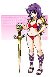 Rule 34 | 1girl, athena (series), bikini, breasts, cleavage, feet, hand on own hip, large breasts, legs, long hair, looking at viewer, navel, pixel art, princess athena, purple hair, red bikini, smile, snk, swimsuit, thighs, weapon, yellow eyes