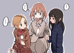 Rule 34 | ..., 3girls, belt, blue coat, brown coat, brown hair, candy, closed mouth, coat, commentary request, dress, food, grey background, grey dress, highres, holding, holding candy, holding food, kaneni, long hair, long sleeves, looking at another, medium hair, multicolored hair, multiple girls, orange hair, original, red sweater, roots (hair), short hair, simple background, spoken ellipsis, sweat, sweater, turtleneck, turtleneck sweater
