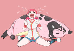 Rule 34 | 1girl, blush, breasts, buttons, clenched hands, closed eyes, collarbone, commentary request, creatures (company), crying, flying teardrops, game freak, gen 2 pokemon, hagomi mikku, hair ornament, hairclip, hands up, head back, jacket, miltank, nintendo, open mouth, pink background, pink hair, pokemon, pokemon (creature), pokemon hgss, shoes, short shorts, short sleeves, short twintails, shorts, simple background, sitting, sneakers, socks, striped clothes, striped legwear, striped socks, tears, teeth, tongue, twintails, upper teeth only, white jacket, whitney (pokemon), wristband