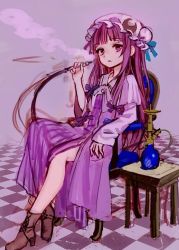 Rule 34 | 1girl, ama-tou, blunt bangs, boots, bun cover, capelet, chair, checkered floor, crescent, crescent hair ornament, cross-laced footwear, fingernails, frills, hair bun, hair ornament, hair ribbon, hat, hookah, indoors, long hair, long sleeves, looking at viewer, mob cap, neck ribbon, no socks, patchouli knowledge, purple eyes, purple hair, ribbon, single hair bun, sitting, sketch, smoke, smoking, solo, striped, table, touhou, tress ribbon, vertical stripes, very long hair, wide sleeves