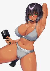 Rule 34 | 1girl, absurdres, arm behind head, arm up, armpits, black hair, black socks, blush, bob cut, breasts, calvin klein, cameltoe, cleavage, clothes writing, commentary request, dark-skinned female, dark skin, frown, girls und panzer, green eyes, grey background, grey panties, grey sports bra, half-closed eyes, highres, holding dumbbell, hoshino (girls und panzer), kshimu, large breasts, navel, open mouth, panties, partial commentary, short hair, simple background, socks, solo, sports bra, sports panties, squatting, steam, sweat, underwear