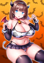 Rule 34 | 1girl, animal print, bat wings, bell, bikini, blue eyes, blunt bangs, bracelet, breasts, brown hair, cleavage, cow horns, cow print, cow tail, cowbell, curvy, earrings, elbow gloves, fingerless gloves, gloves, highres, horns, huge breasts, jewelry, miniskirt, mole, mole under eye, navel, open mouth, original, plump, short hair, side-tie bikini bottom, skindentation, skirt, solo, swimsuit, tail, thick thighs, thighhighs, thighs, tsukumiya amane, wings