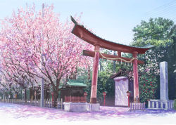 Rule 34 | cherry blossoms, fence, flower, highres, isou nagi, no humans, original, petals, pole, real world location, rope, scenery, shimenawa, sign, torii, tree