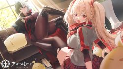 Rule 34 | 2girls, absurdres, azur lane, black footwear, black gloves, black hair, black scarf, black thighhighs, blonde hair, bluecher (azur lane), blush, bodystocking, boots, breasts, bruenhilde (azur lane), copyright name, couch, crossed legs, dutch angle, gloves, gogoco, grey shirt, hair between eyes, heart, highres, indoors, large breasts, loading screen, looking at viewer, looking back, manjuu (azur lane), miniskirt, multicolored clothes, multicolored hair, multicolored scarf, multiple girls, official art, on couch, on floor, open mouth, panties, plaid, plaid skirt, red eyes, red scarf, red skirt, scarf, shirt, short hair, short sleeves, sitting, skirt, smile, split-color hair, striped clothes, striped panties, thigh boots, thighhighs, torn clothes, torn legwear, twintails, two-tone hair, underwear, white hair