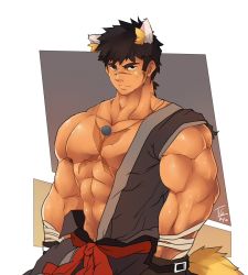 Rule 34 | 1boy, abs, animal ears, bandaged arm, bandages, bara, bare pectorals, character request, check character, clothes down, cowboy shot, cross scar, dark-skinned male, dark skin, dog boy, dog ears, dog tail, dougi, dungeon and fighter, fighter (dungeon and fighter), hadanugi dousa, japanese clothes, kemonomimi mode, kimono, large pectorals, looking at viewer, male focus, medium hair, muscular, muscular male, nipples, open clothes, open kimono, pectorals, scar, scar on chest, scar on face, scar on nose, sideburns, sleeveless, solo, stomach, tail, tengo (maotengo)