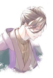 Rule 34 | 1boy, ahoge, brown hair, brown kimono, brown shirt, closed mouth, cropped torso, dress shirt, fate/grand order, fate (series), glasses, green jacket, hair between eyes, hair pulled back, haori, jacket, japanese clothes, kimono, looking down, male focus, purple eyes, shirt, short hair, simple background, smile, solo, tet 24, white background, yamanami keisuke (fate)