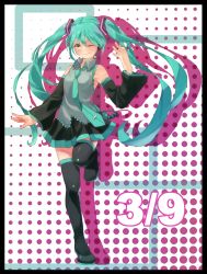 Rule 34 | 1girl, 39, bad id, bad pixiv id, boots, detached sleeves, green eyes, green hair, hatsune miku, highres, long hair, matching hair/eyes, necktie, one eye closed, skirt, smile, solo, standing, standing on one leg, thigh boots, thighhighs, twintails, very long hair, vocaloid, wink, yasaki