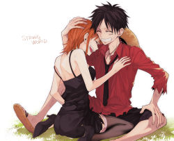 Rule 34 | 1boy, 1girl, alternate costume, back, black hair, black necktie, black thighhighs, collared shirt, couple, facial scar, grass, grin, hand on another&#039;s head, happy, hat, hetero, high heels, hoyano (maimai), hug, monkey d. luffy, nami (one piece), necktie, on floor, one piece, one piece: strong world, open mouth, orange hair, red shirt, scar, scar on cheek, scar on face, shirt, short hair, simple background, smile, spaghetti strap, teeth, thighhighs, upper teeth only, white background