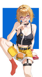Rule 34 | 1girl, :d, absurdres, belt, black shirt, breasts, brown hair, burger, collar, collarbone, food, foot out of frame, girls&#039; frontline, glasses, grizzly mkv (girls&#039; frontline), grizzly mkv (weekend cop) (girls&#039; frontline), highres, holding, looking at viewer, medium breasts, mentha, midriff, nail polish, navel, no shoes, open mouth, orange nails, peace symbol, purple eyes, red socks, shirt, short hair, shorts, sitting, smile, socks, solo, tank top, thigh strap, v over mouth, watch, wristwatch, yellow shorts