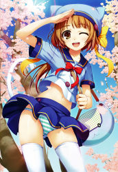 Rule 34 | 1girl, absurdres, bag, bow, brown eyes, brown hair, cat tail, cherry blossoms, collarbone, day, hat, highres, looking at viewer, navel, one eye closed, outdoors, panties, petals, salute, school bag, school uniform, short hair, short sleeves, sky, solo, striped clothes, striped panties, tail, thighhighs, tomose shunsaku, underwear, white thighhighs