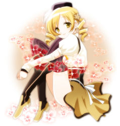 Rule 34 | 10s, 1girl, beret, blonde hair, boots, drill hair, female focus, fingerless gloves, full body, gloves, gradient background, hair ornament, hat, hugging own legs, light smile, magical girl, mahou shoujo madoka magica, mahou shoujo madoka magica (anime), sinko, sitting, sleeves past wrists, smile, solo, thighhighs, thighs, tomoe mami, yellow eyes