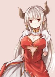 Rule 34 | 10s, 1girl, alicia (granblue fantasy), baram, breasts, center opening, cleavage, draph, dress, earrings, gloves, granblue fantasy, horns, jewelry, large breasts, long hair, pointy ears, red dress, red eyes, silver hair, simple background, sketch, smile, solo, white gloves