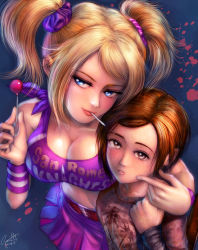 Rule 34 | 2girls, age difference, arm around neck, arm warmers, belt, blonde hair, blood, blood splatter, blue eyes, blush, breasts, brown eyes, brown hair, candy, cheek poking, cheerleader, child, cleavage, clothes writing, crop top, crossover, dated, ellie (the last of us), food, freckles, from above, grasshopper manufacture, height difference, juliet starling, large breasts, lips, lollipop, lollipop chainsaw, long hair, looking at viewer, looking away, midriff, miniskirt, mouth hold, multiple girls, nose, onee-loli, parted lips, poking, s zenith lee, scrunchie, short hair, short twintails, sideways glance, signature, skirt, smile, the last of us, the last of us (series), twintails, wristband, yonic symbol, yuri