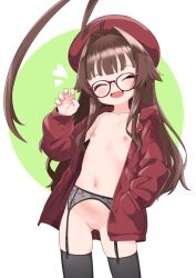 Rule 34 | 1girl, ahoge, alternate costume, bespectacled, black thighhighs, blush, brown hair, censored, claw pose, closed eyes, fang, flat chest, garter belt, garter straps, glasses, hand in pocket, hat, heart, hood, hood down, hooded jacket, huge ahoge, jacket, kantai collection, kuma (kancolle), long hair, long sleeves, nassukun, open clothes, open jacket, open mouth, pussy, red-framed eyewear, red hat, red jacket, simple background, solo, thighhighs, two-tone background