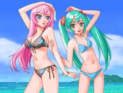 Rule 34 | 2girls, aqua eyes, aqua hair, arm grab, arm over head, arm up, armpits, bare arms, bare legs, bare shoulders, beach, bikini, black bikini, blue bikini, blue eyes, bracelet, breasts, cleavage, cloud, female focus, flower, front-tie top, hair flower, hair ornament, hatsune miku, hibiscus, jewelry, large breasts, leaning, leaning to the side, legs, lips, long hair, looking at another, looking to the side, megurine luka, midriff, multicolored bikini, multicolored clothes, multicolored swimsuit, multiple girls, nail polish, navel, neck, ocean, open mouth, outdoors, parted lips, pink hair, ren-chan, round teeth, side-tie bikini bottom, sky, small breasts, smile, standing, striped bikini, striped clothes, swimsuit, teeth, twintails, vocaloid, water
