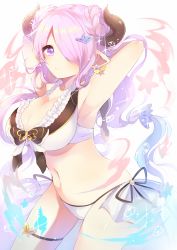 Rule 34 | 10s, 1girl, arms up, bad id, bad pixiv id, bikini, blush, braid, breasts, bug, butterfly, draph, earrings, granblue fantasy, hair over one eye, hair up, highres, horns, insect, jewelry, kaenuco, large breasts, light purple hair, looking at viewer, narmaya (granblue fantasy), narmaya (summer) (granblue fantasy), navel, pointy ears, purple eyes, revision, side-tie bikini bottom, smile, solo, swimsuit, white bikini