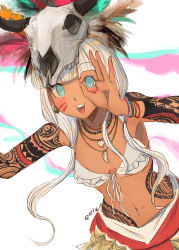Rule 34 | 1girl, :d, alternate costume, arm tattoo, bikini, bikini top only, blue eyes, blunt bangs, bracelet, breasts, cleavage, collarbone, commentary, cowboy shot, danganronpa (series), danganronpa v3: killing harmony, dark-skinned female, dark skin, english commentary, feathers, front-tie top, highres, jewelry, long hair, looking at viewer, navel, navel piercing, necklace, open mouth, piercing, qosic, shell, shell necklace, silver hair, skull on head, smile, solo, swimsuit, tattoo, tribal, white bikini, yonaga angie