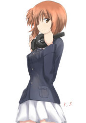 Rule 34 | 10s, bad id, bad pixiv id, blue jacket, brown eyes, brown hair, closed mouth, cowboy shot, from side, girls und panzer, headphones, headphones around neck, holding, jacket, light smile, long sleeves, looking at viewer, military, military uniform, miniskirt, nishizumi miho, pleated skirt, shino (ten-m), short hair, signature, simple background, skirt, solo, standing, uniform, white background, white skirt