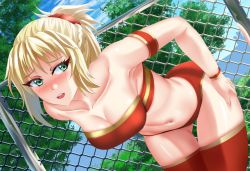Rule 34 | 1girl, armband, bandeau, bare shoulders, blush, braid, breasts, cleavage, collarbone, day, fate/apocrypha, fate (series), french braid, fuzzlogik, green eyes, hair ornament, hair scrunchie, long hair, medium breasts, mordred (fate), mordred (fate/apocrypha), navel, open mouth, outdoors, panties, ponytail, red panties, red scrunchie, red thighhighs, scrunchie, solo, thighhighs, thighs, underwear, wristband
