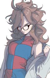 Rule 34 | 1girl, android 21, blue eyes, brown hair, checkered clothes, checkered dress, chromatic aberration, close-up, curly hair, dragon ball, dragon ball fighterz, dress, earrings, eyelashes, glasses, highres, hoop earrings, jewelry, lab coat, light smile, long hair, looking at viewer, shaded face, simple background, sleeveless, sleeveless dress, solo, tama azusa hatsu, turtleneck, turtleneck dress, twitter username, two-tone dress, upper body, white background