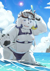 Rule 34 | 1boy, absurdres, animal ears, bara, bird, blue sky, boat, chest strap, cloud, cloudy sky, dog boy, dog ears, dog tail, fat, fat man, furry, furry male, goggles, goggles on head, half-closed eye, hashtag-only commentary, highres, holding, holding goggles, looking at viewer, male focus, mrshu, multicolored hair, ocean, open mouth, pawpads, sitting, sky, snorkel, sun, sun glare, tail, tajima (tamacolle), tamacolle, watercraft, wet