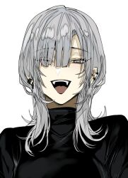 1girl black_shirt commentary earrings grey_eyes gunjyou_(gunjyou_00) hair_over_one_eye hashtag-only_commentary highres jewelry looking_at_viewer open_mouth original shirt sidelocks simple_background solo teeth turtleneck upper_body upper_teeth_only white_background