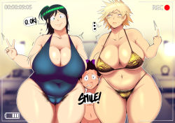 Rule 34 | 1boy, 2girls, aged up, bakugou mitsuki, bare shoulders, bittercream, black eyes, blonde hair, boku no hero academia, breasts, cameltoe, cleavage, cleft of venus, english text, female pubic hair, green hair, huge breasts, lips, mature female, middle finger, midoriya inko, mineta minoru, multiple girls, navel, older woman and younger man, pubic hair, pubic hair peek, purple hair, recording, red eyes, spiked hair, swimsuit, tagme, thick thighs, thighs, underwear, v