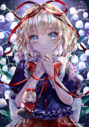 Rule 34 | 1girl, blonde hair, blue eyes, blue shirt, closed mouth, expressionless, flower, frills, hair ribbon, hands up, highres, light particles, lily of the valley, looking at viewer, medicine melancholy, medium hair, night, own hands clasped, own hands together, puffy short sleeves, puffy sleeves, red ribbon, ribbon, shirt, short sleeves, solo, straight-on, string, string of fate, su-san, suzushina, touhou, upper body, white flower