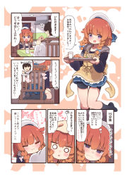 Rule 34 | 1boy, 1girl, @ @, admiral (kancolle), apron, black hair, black socks, blue skirt, blush, blush stickers, braid, closed eyes, clothes writing, comic, commentary request, cup, drinking glass, etorofu (kancolle), flying sweatdrops, food, hat, heart, highres, kantai collection, kneehighs, long sleeves, meme, military, military uniform, naval uniform, o o, open mouth, partially translated, pleated skirt, pout, purple eyes, red hair, sailor hat, short hair, sitting, skirt, socks, speech bubble, suzuki toto, they had lots of sex afterwards (meme), thought bubble, translation request, triangle mouth, twin braids, uniform, water, white headwear, yellow apron