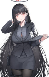 Rule 34 | 1girl, alternate costume, black hair, black jacket, black pantyhose, black shirt, black skirt, blue archive, breasts, closed mouth, collared shirt, commentary request, halo, hand in own hair, highres, holding, holstered, jacket, large breasts, long hair, long sleeves, looking at viewer, office lady, pantyhose, red eyes, rio (blue archive), shirt, shougun (chuckni1), simple background, skirt, thigh strap, thighs, white background