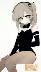 Rule 34 | 10s, 1girl, between legs, black bow, black bowtie, black gloves, black leotard, black ribbon, bow, bowtie, bright pupils, brown eyes, brown pantyhose, commentary, dated, detached collar, elbow gloves, girls und panzer, gloves, hair ribbon, hand between legs, highres, leotard, light brown hair, light frown, long hair, looking at viewer, one-hour drawing challenge, pantyhose, parted lips, ribbon, shimada arisu, side ponytail, sitting, solo, strapless, strapless leotard, susumu, twitter username, white pupils