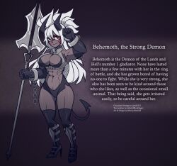 Rule 34 | 1girl, abs, armpits, artist name, breasts, chain, commentary, cuffs, elbow gloves, english commentary, english text, fanwork, full body, gloves, hair between eyes, helltaker, holding, holding polearm, holding weapon, large breasts, long hair, looking at viewer, muscular, muscular female, navel, original, polearm, red eyes, shackles, solo, spear, storytaker, thighhighs, watermark, weapon, white hair