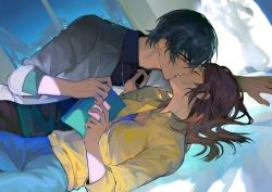 Rule 34 | 1boy, 1girl, bed, blouse, blue shirt, book, brown hair, city lights, closed eyes, french kiss, green shirt, hetero, highres, holding, holding book, indoors, jacket, kiss, laoyepo, long sleeves, marius von hagen (tears of themis), night, night sky, open mouth, purple eyes, rosa (tears of themis), shirt, sky, tears of themis, white jacket, yellow shirt