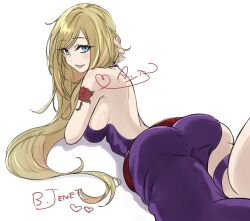 Rule 34 | 1girl, arm behind head, arm support, arm tattoo, ass, blonde hair, blue eyes, breasts, dress, fatal fury, garou: mark of the wolves, half-closed eyes, heart, highres, jenet behrn, large breasts, leg up, legs, long hair, looking at viewer, looking back, lying, on stomach, seductive smile, sideboob, smile, snk, solo, tattoo, the king of fighters, the pose, thighs