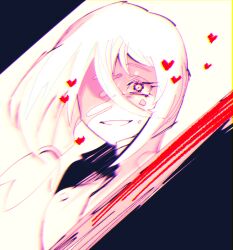 Rule 34 | 1girl, blood, blood on face, buttons, heart, jacket, library of ruina, low ponytail, madotsuki ren, parted lips, pierre (project moon), project moon, simple background, slashing, smile, solo, upper body, white background, white hair, white jacket