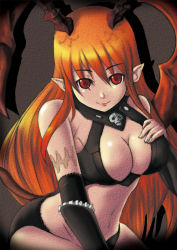 Rule 34 | 1girl, bare shoulders, breasts, cleavage, demon girl, elbow gloves, female focus, frills, gloves, horns, large breasts, long hair, looking at viewer, lord of vermilion, midriff, orange hair, pointy ears, red eyes, single wing, smile, solo, demon girl, succubus (lord of vermilion), tail, wings, yappy