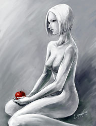 Rule 34 | 1girl, apple, claymore (series), crossing, dated, food, fruit, helen, highres, nude, parted lips, short hair, signature, sitting, solo, spot color, wariza