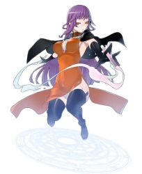 Rule 34 | 1girl, between breasts, black cape, black gloves, breasts, caladrius, cape, choker, dress, elbow gloves, female focus, frilled choker, frills, gloves, large breasts, long hair, official art, orange dress, orange eyes, purple hair, simple background, solo, sophia fulancelli, test tube, thighhighs, thighs, yasuda suzuhito